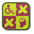 Logo van IkKanNietPraten.be, groen en donker rood, samengesteld uit 4 afbeeldingen: 'logo motorische handicap', 2 kruisjes en een logo voor cognitieve beperking.