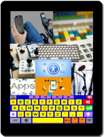 Foto van een tablet met op het scherm een collage van toetsenbord en muisalternatieven