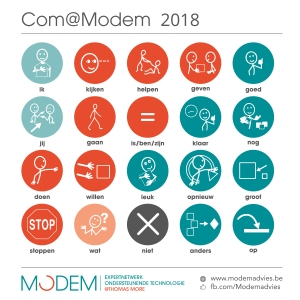 Logo van de Com@ModemDag 2018, rooster van 5 x 5 ronde symbolen in groen en oranje