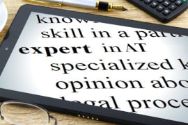 Foto van tablet met grote zwarte letters op een witte achtergrond: know, skill in a part, expert in AT, specialized opinion