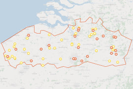 Afbeelding van Vlaanderen met rode en gele cirkels op de plaatsen waar advies wordt gegeven